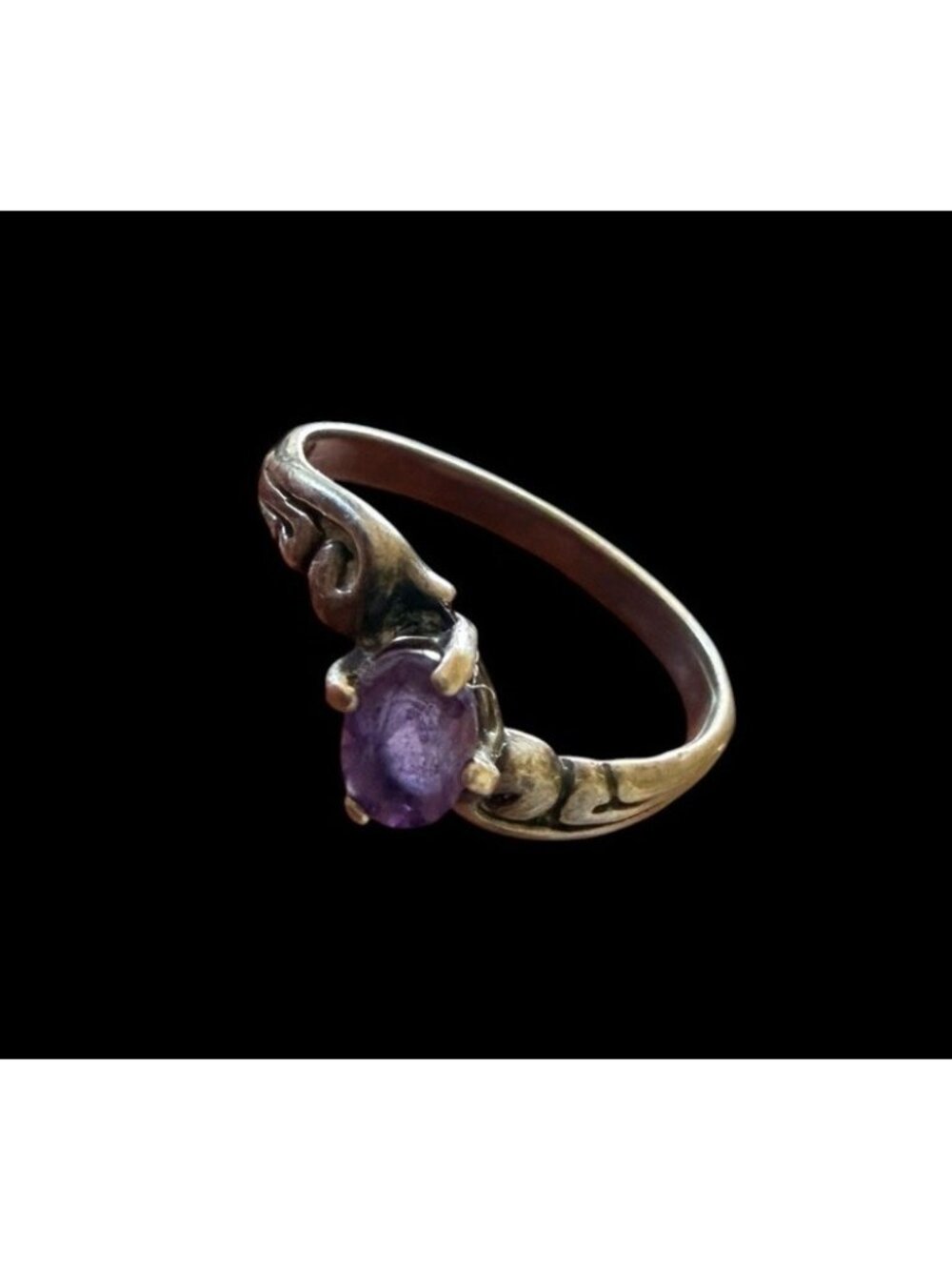 Vintage Sterling Silver Oval Amethyst Solitaire Scroll Bypass Ring Size 7